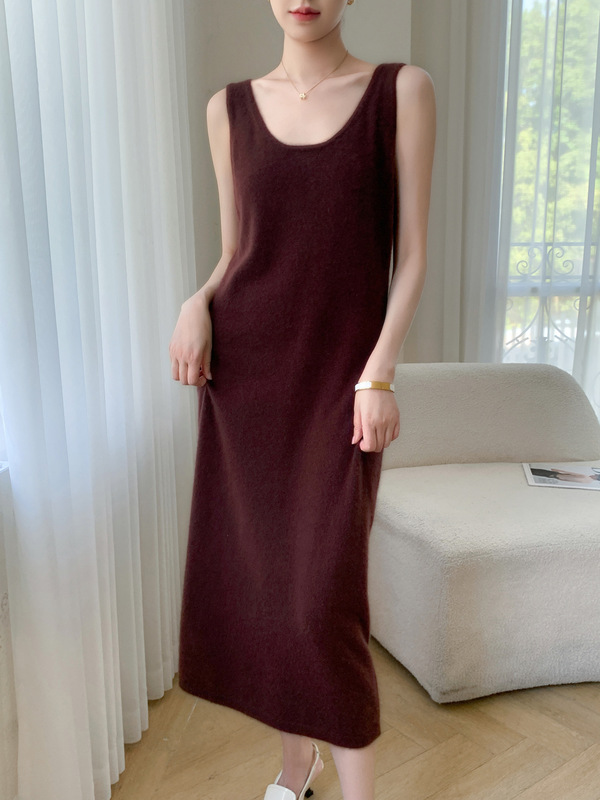 Mid-Length Autumn and Winter Sweater Women's Sleeveless Dress Straight Knitted Skirt Collar Cashmere New Elegant Red