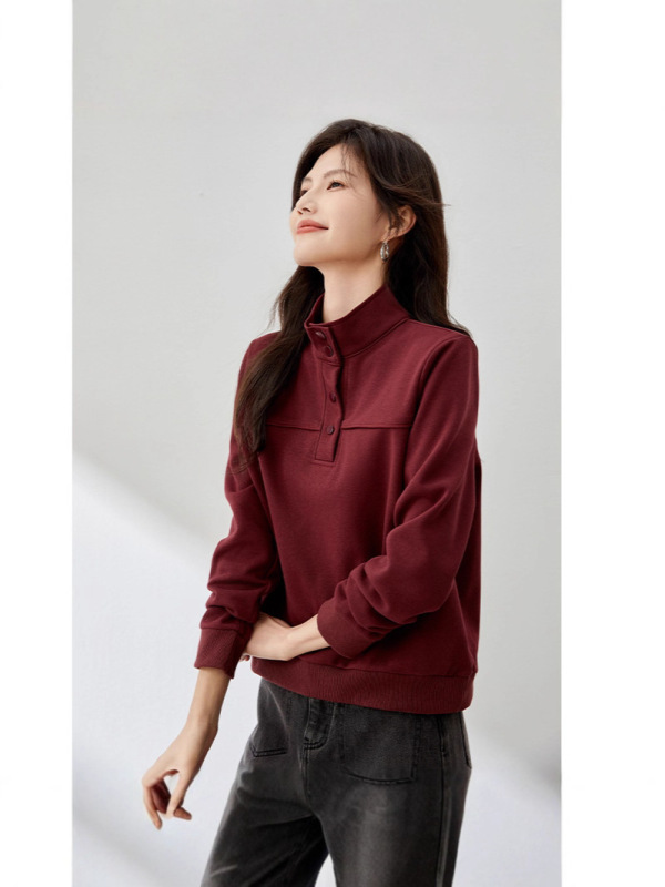 哥家商场同款女装2025秋季安可拉红设计感半高领卫衣开叉分割休闲|undefined