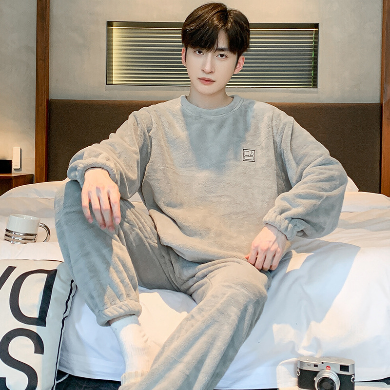 Coral Velvet Pajamas Men's Autumn and Winter New Round Neck Pullover Long-Sleeved Pants Thickeneded Warm Home Wear Set