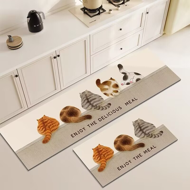 Cat Cartoon Kitchen Diatomaceous Earth Floor Mat, Water and Oil Absorbent, Wipeable, No-Wash Carpet, Long Non-Slip Foot Mat, Cute and Fun