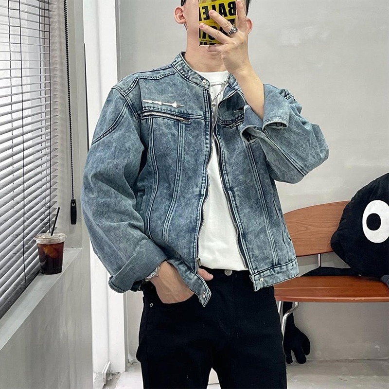 Streetwear-Jeansjacke mit lässigem Waschschnitt, coole und robuste Motorradjacke_voghion.com