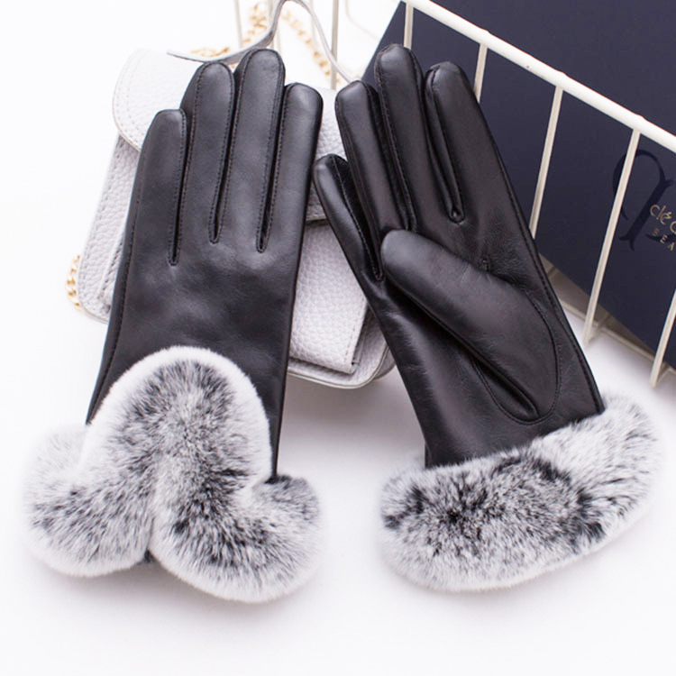 Nuevo Otoño e Invierno de las mujeres guantes calientes de piel de conejo Rex boca de piel de oveja forrado de lana a prueba de frío conducción guantes de piel de oveja