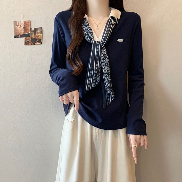2025秋季新款遮肚设计感polo领丝巾长袖T恤女收腰显瘦打底衫上衣|undefined
