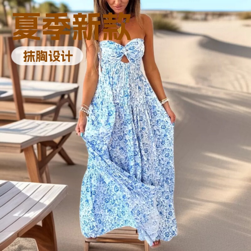 2025 Summer New Blue Floral Strapless Long Dress, Beach Vacation Style, Twisted Hollow Out Flared Dress for Women 2025 Summer New Blue Floral Strapless Long Dress, Beach Vacation Style, Twisted Hollow Out Flared Dress for Women