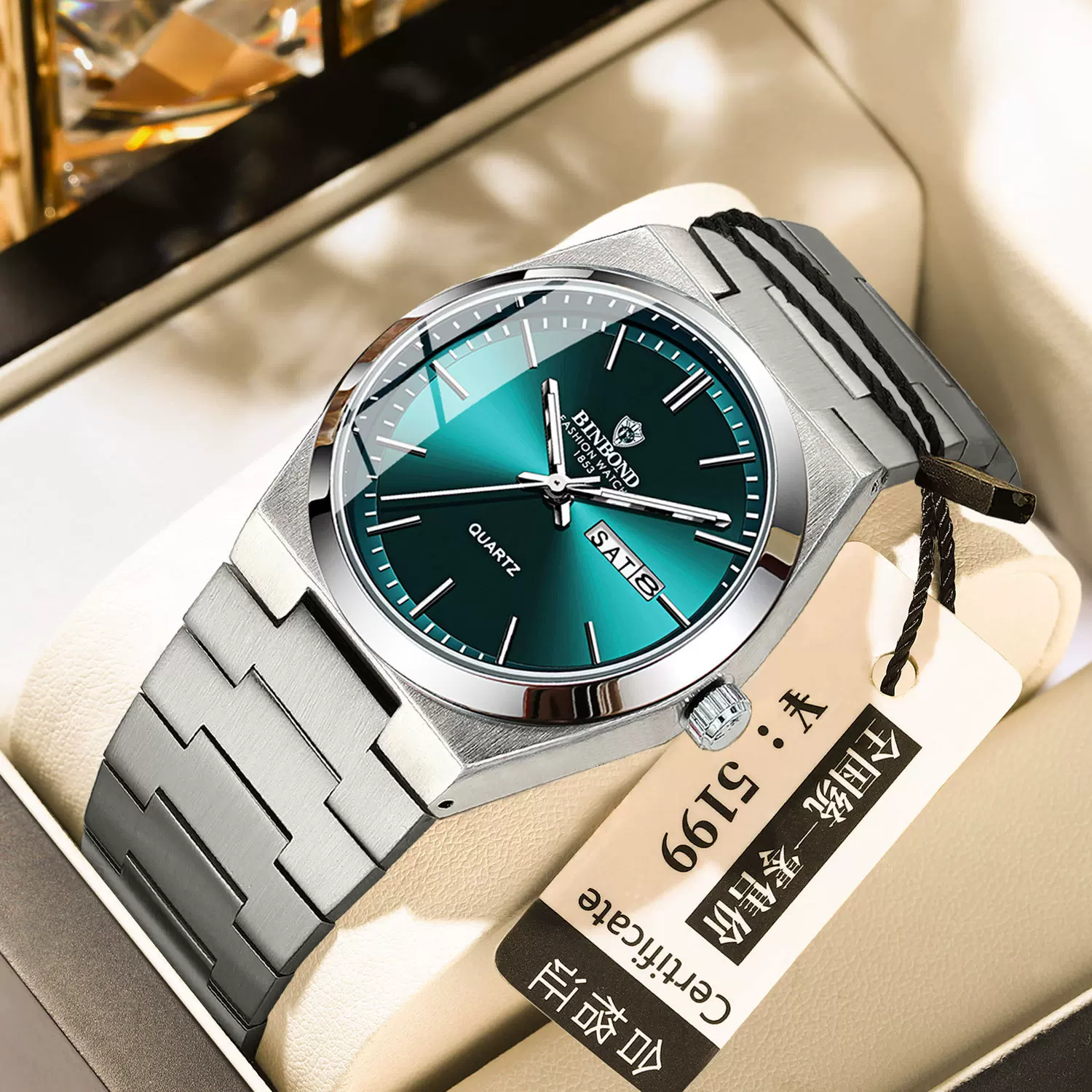 宾邦BINBOND时尚新款不锈钢带扣男士商务休闲石英表薄款双历男表