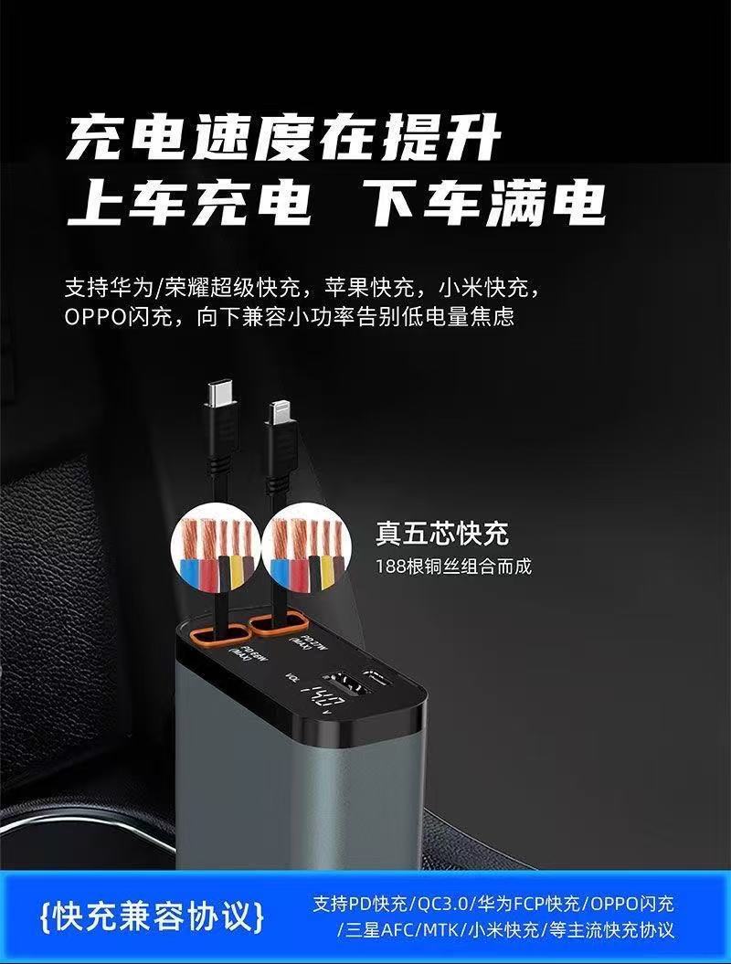 120W Super Fast Charging Car Charger High Power Five-In-One Comes with Retractable Cable Universal for Android and Apple Phones