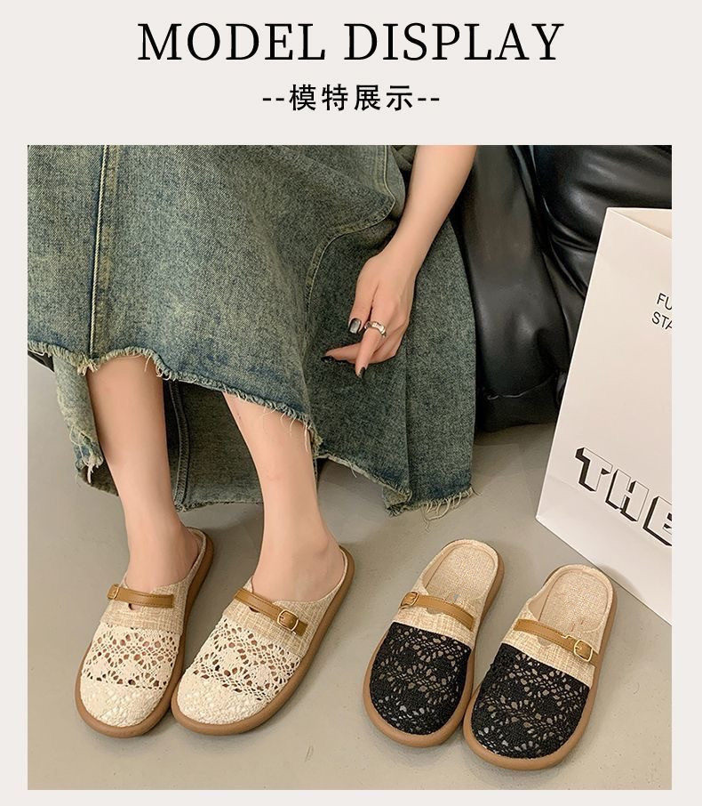 Dép lê nữ bít mũi vải lanh thêu hoa nhí, đế bằng gót thấp 1–3 cm, kiểu xỏ chân thoáng khí — Dép lê nữ S3 - màu be [hộp], Dép lê nữ S3 - màu đen [hộp] chi tiết 4
