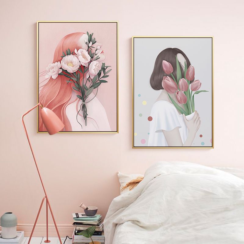 女孩玫瑰花北欧卧室装饰画房间背景墙ins女人花小清新少女心墙画