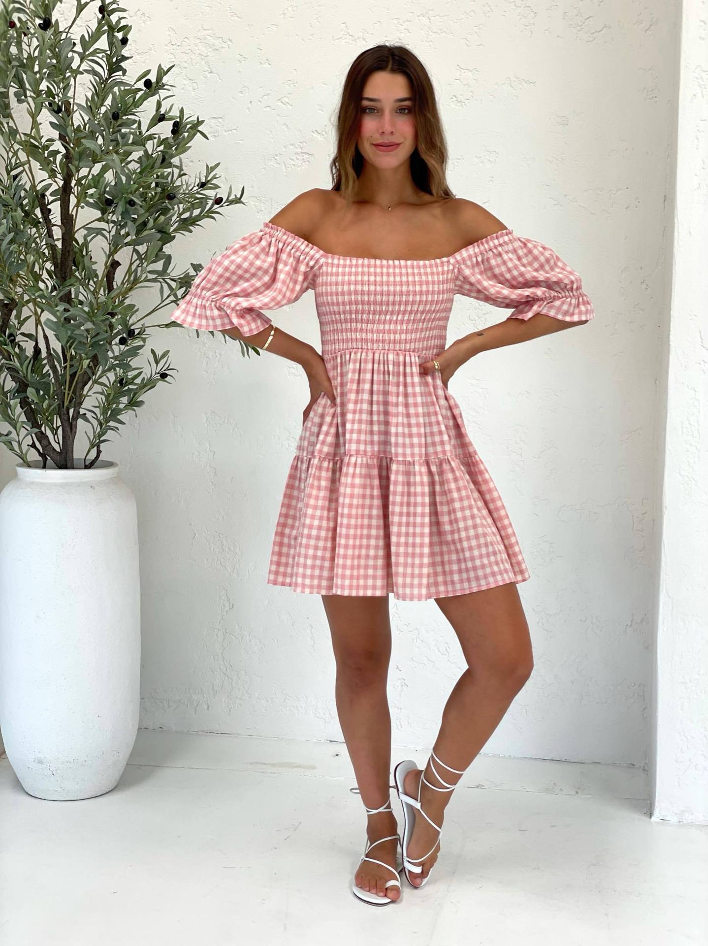 square neck puff sleeves plaid print slim dress NSFH130517