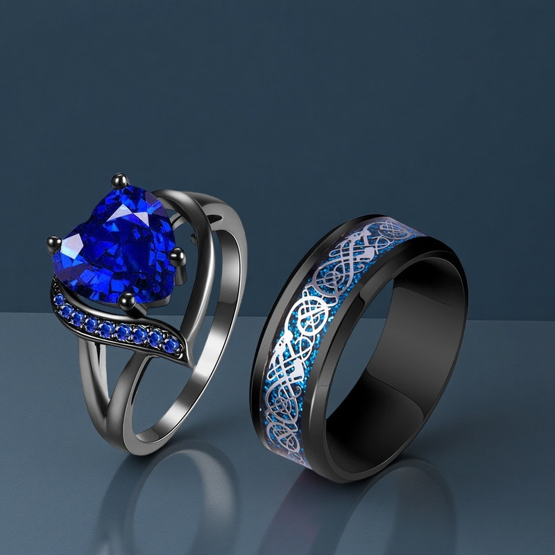 Cross-Border Supply Hot Selling Red and Blue Gemstone Fashion Women's Rings European and American Stainless Steel Dragon Pattern Men's Couple Rings