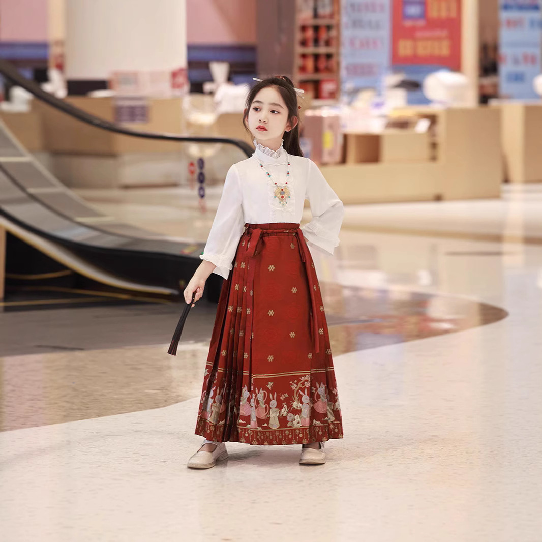 2025 Chinese Style Girls' Horse-Face Skirt, Spring and Autumn Traditional Costume, Improved Tang Suit, Children's Hanfu with Embroidery, New Chinese Style Front-Opening