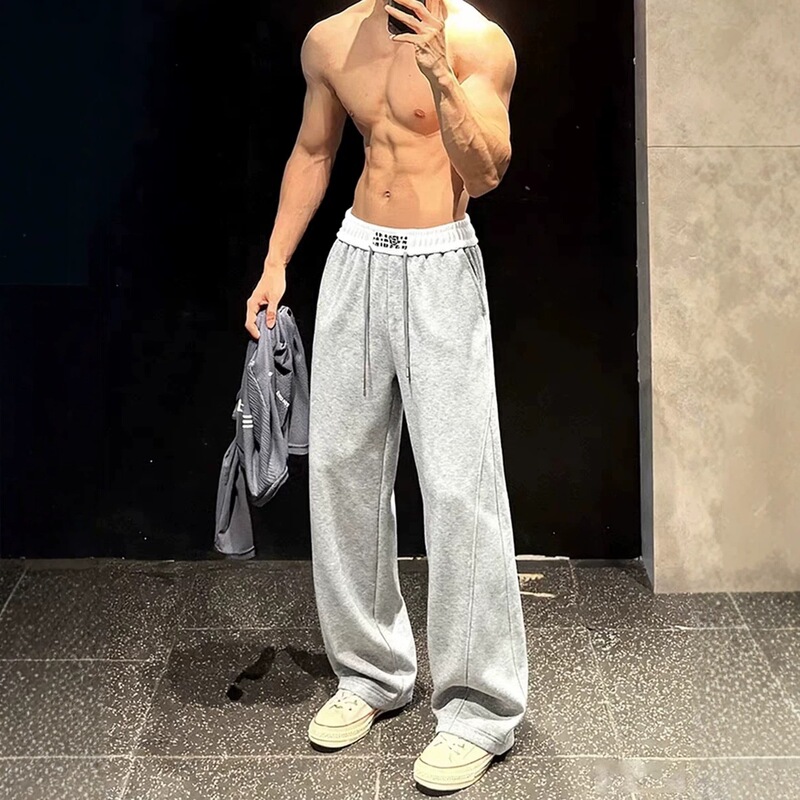 Gray American-Style Men's Fitness Pants, Summer High-End Drapey Straight-Leg Training Sports Pants, Casual Jogger Pants