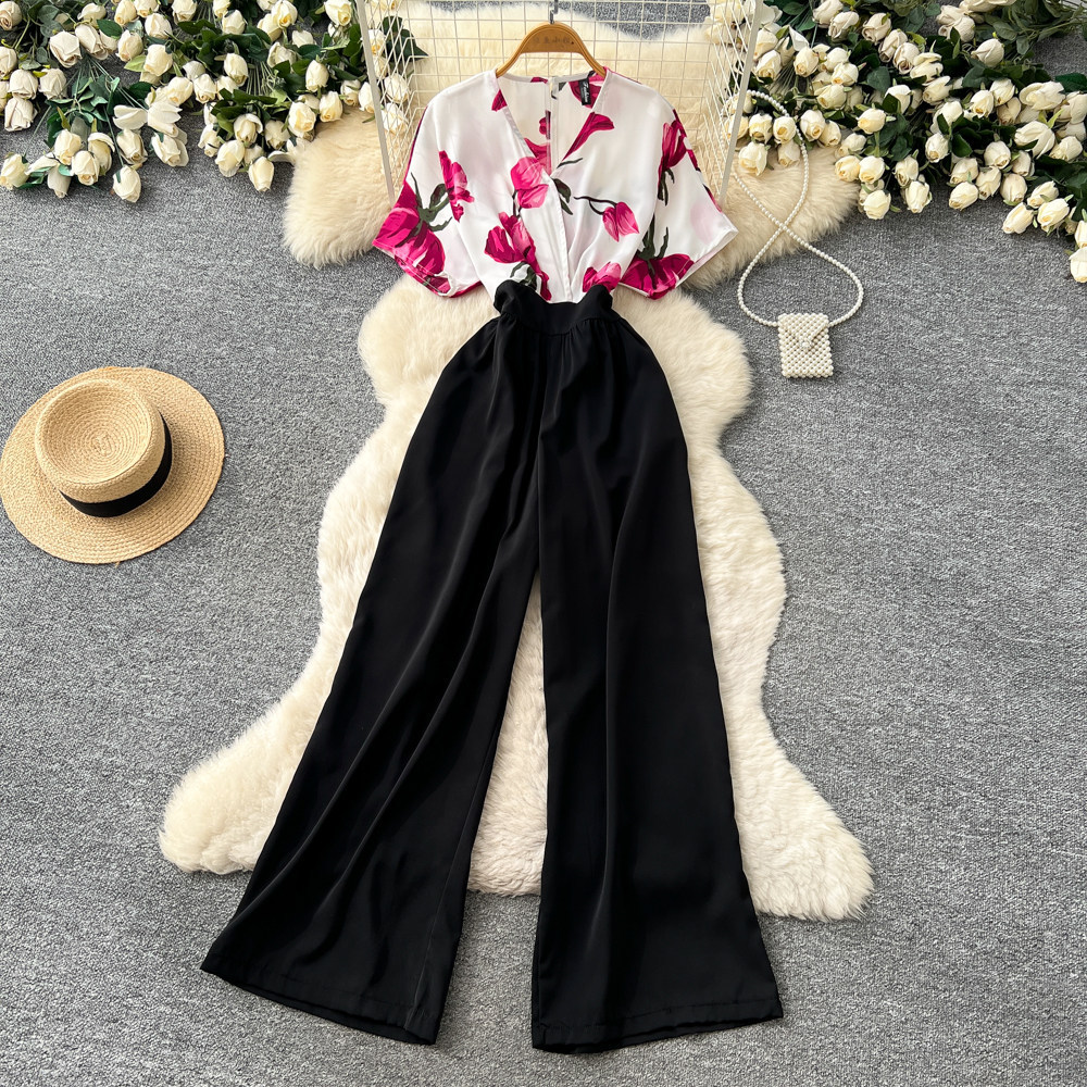 Korean Style Women's V Neck Jumpsuit High Waisted Wide Leg Pants Slimming Print Workwear Summer Elegant Long Romper_ecoleips.com