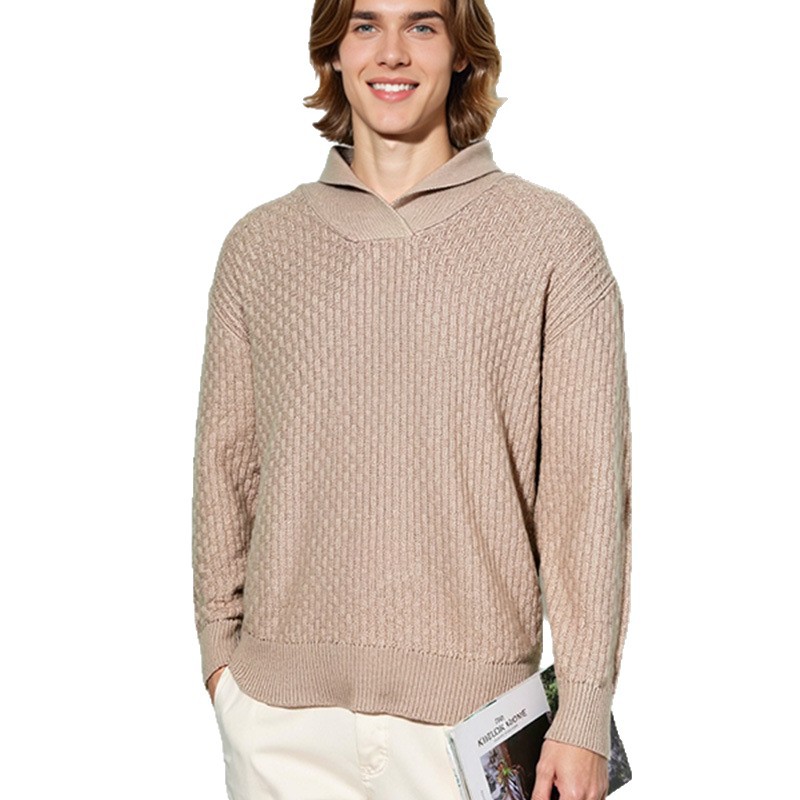 Tendencia de color sólido casual versátil suéter de solapa transfronterizo overhead casual simple hombre delgado explosión camiseta de punto