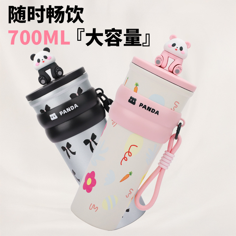 Vaso de agua creativo con pajita, vaso aislado, alto valor estético, gran capacidad, vaso de viaje con diseño de panda, acero inoxidable 304, diseño de dibujos animados portátil.