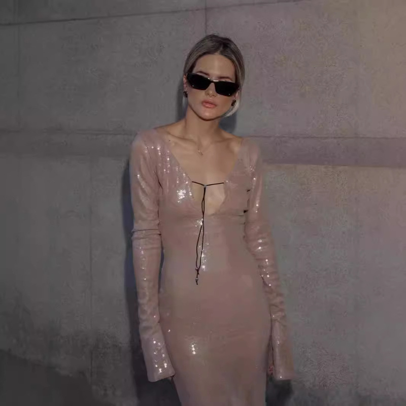 Foreign Trade European and American Classy Fashion Sequin V Neck Backless Dress Slim Party Dress Mid-length 274