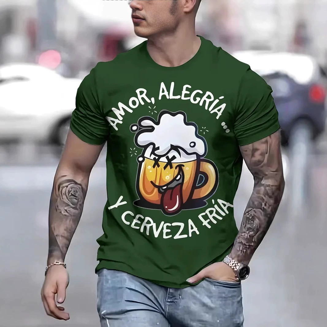 Европейская и американская трансграничная независимая станция temu, хит продаж, новая летняя мужская футболка с круглым вырезом и короткими рукавами с мультяшным пивным принтом