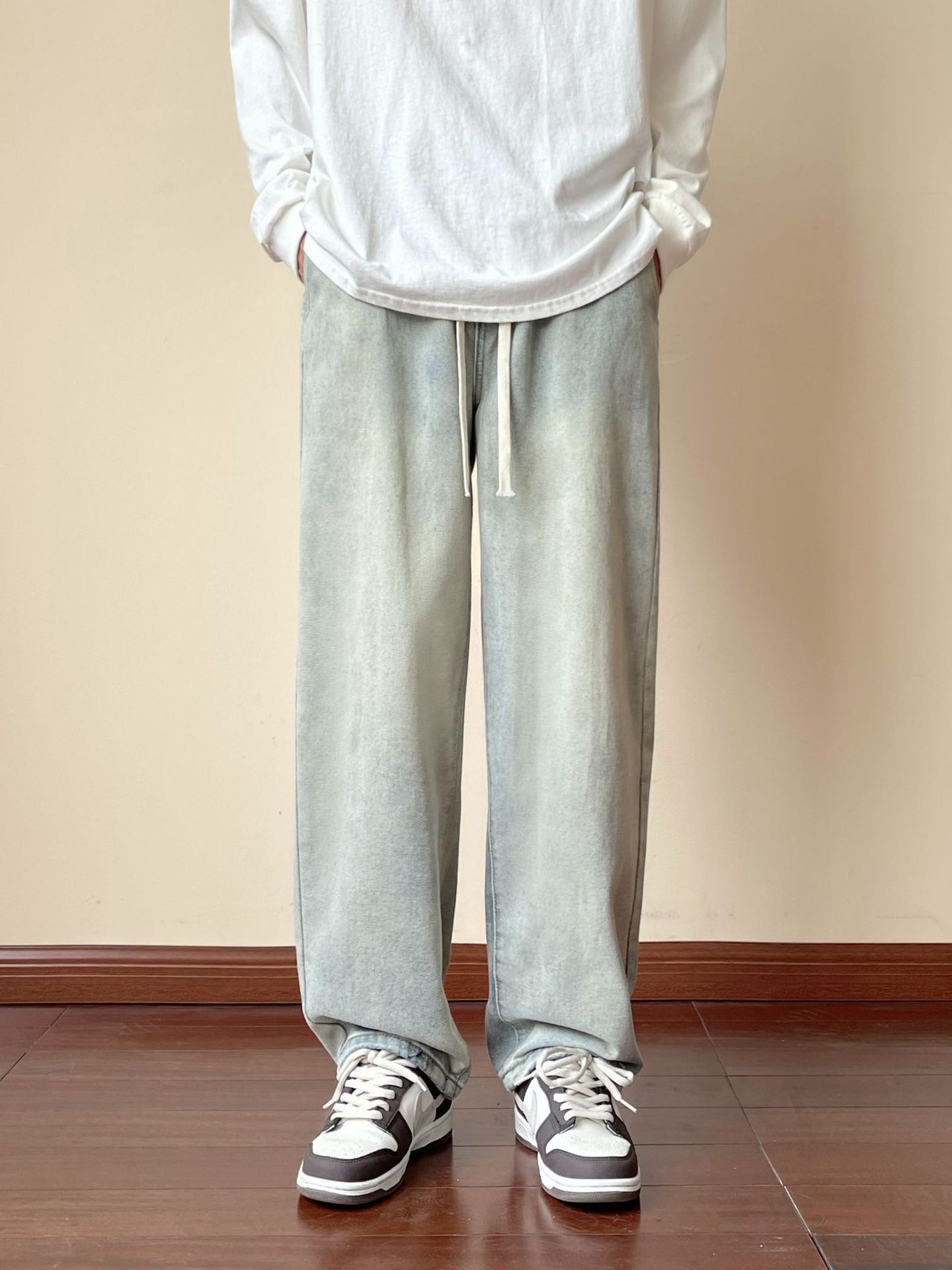 Pantalones Jeans Rectos Holgados para Hombre de Algodón con Cintura Elástica para Uso Casual