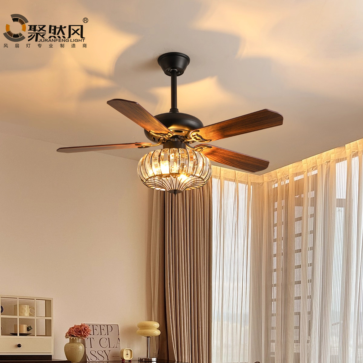 American Retro Ceiling Fan Lamp, Artistic Crystal Lampshade, Antique Style Living Room, Bedroom and Restaurant Smart Variable Frequency Fan Lamp