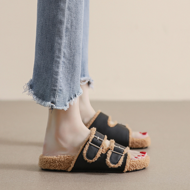 Meisje Bont Slippers Dames S Bovenkleding Herfst En Winter Een Woord Riem Plus Fleece Katoenen Schoenen Om Warm Te Houden Net Rood Groot Formaat_voghion.com