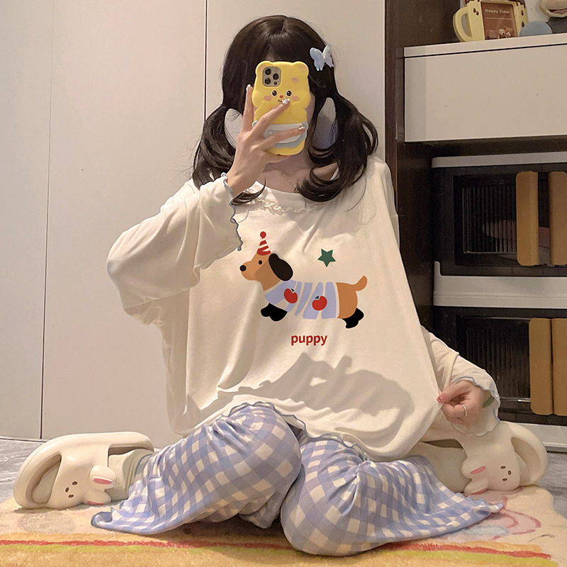 モーダル綿パジャマ少女春秋夏涼感薄い長袖かわいいカピバラホームウェア胸パッド付き|undefined