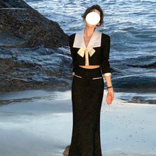 名媛风宴会礼服女黑色套装新款拼接翻领短款上衣+半身裙子