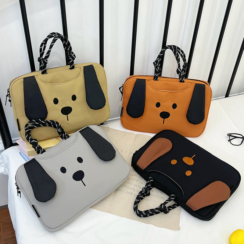 Portable tablet storage bag, featuring a cute Japanese-style cartoon dog design, a handheld laptop bag, and a handy organizer for documents