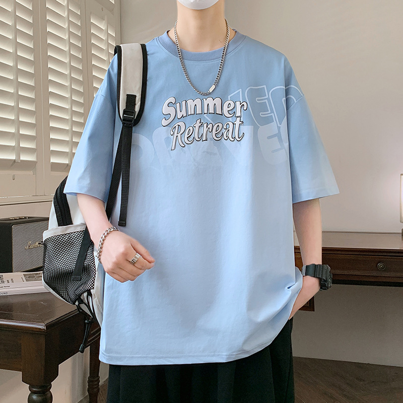 Summer Youth Student Gradient Casual Round Neck Half-Sleeve T-Shirt Loose Trendy Letter Print Five-Quarter Sleeve Boys' T-Shirt