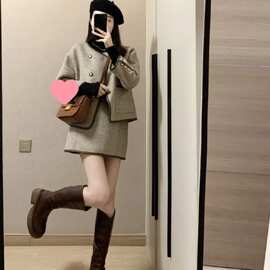 秋冬小香风短款毛呢外套半身裙修身美拉德气质感两件套装