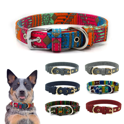 New Pet Dog Rope Collar Harness Double Thick Printed Canvas Nylon Leash Set Korean Style