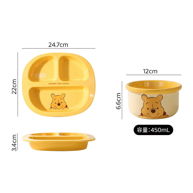 Disney Pooh Stitch Ceramic Baby Ensalada linda para niños Té de la tarde Disco reductor de grasa Disco de tres comparticiones