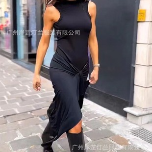 Cross-border supply of European and American Amazon 2023 new summer solid color fashion stitching design slim dress women