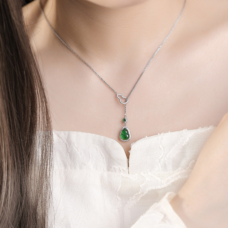 Dây chuyền mặt hồ lô bạc S925 đính ngọc bích tự nhiên hai mặt — Bộ dây chuyền (kèm dây)