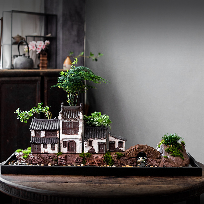 Jiangnan Style House Plant Ornaments, Vintage Creative Green Plants, Fish Tank Landscaping, Living Room Office Self-Watering