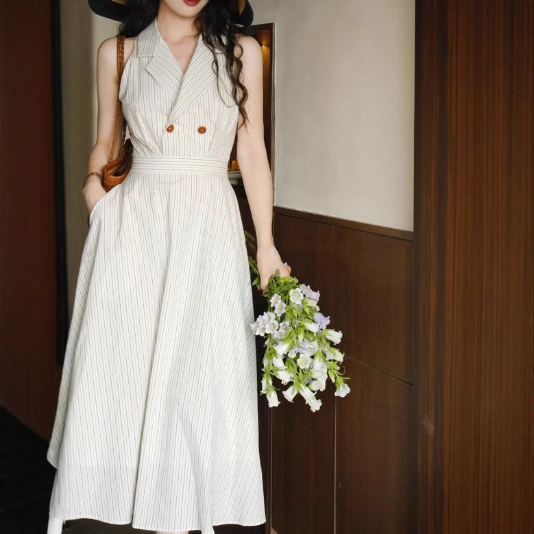 Letter from Hai Vintage French Style Romantic Elegant Simple Neck Waisted Striped Shirt dress Hong Kong Style Women's Summer