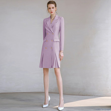 春秋新款时尚紫色职业装气质收腰显瘦连衣裙双排扣西装裙OL女