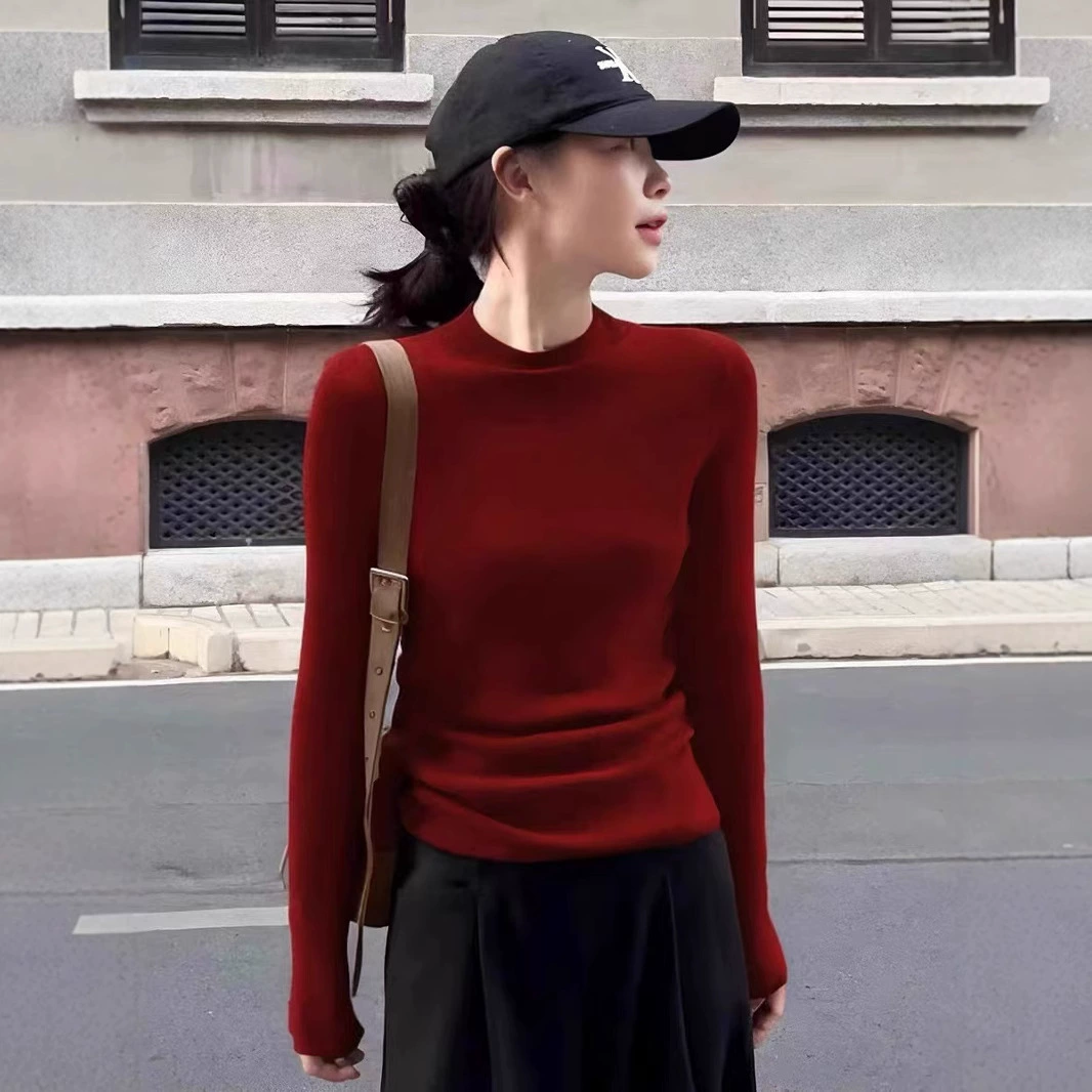 Шерстяная нижняя рубашка женская стройная ангольская красная свитер зимой