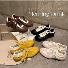 葡萄妈同款现货~ 系带拼色圆头百搭舒适休闲真皮板鞋增高德训鞋女