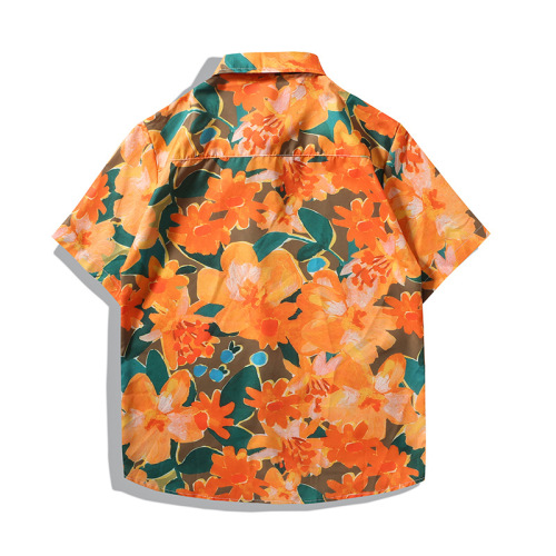 Hawaiian Flower Shirt Men's Short Sleeve Loose Plus Size Beach Shirt Set Couples Hong Kong Style Retro Trendy Cool Attire