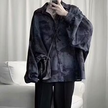 秋季新款深蓝泼墨寸衣长袖复古港味衬衫潮男宽松时髦百搭个衬衣