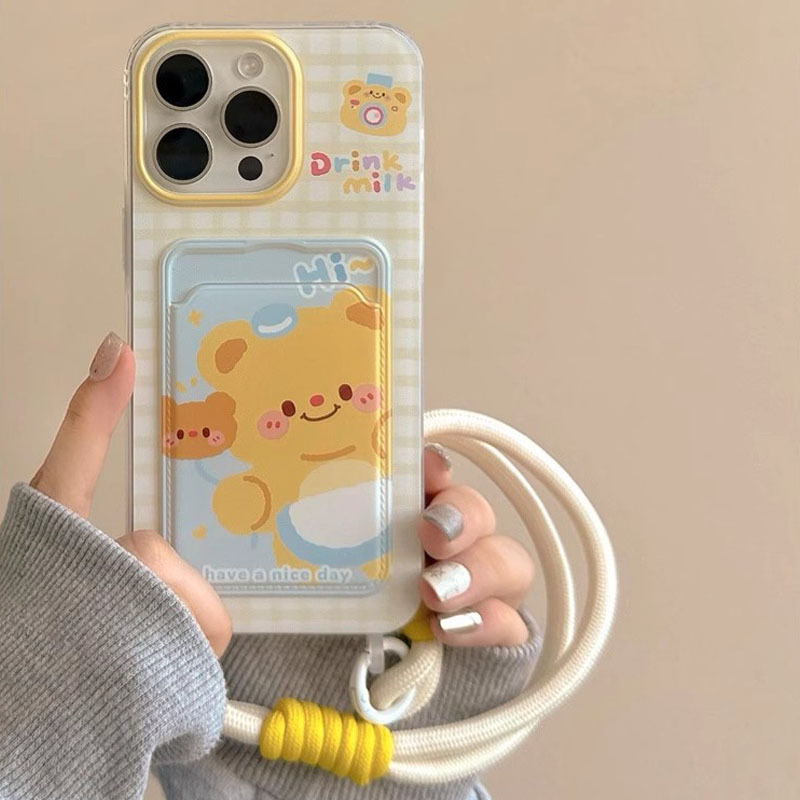 可爱黄油小熊苹果14promax手机壳iPhone16/15/13卡包腕带挂绳12女