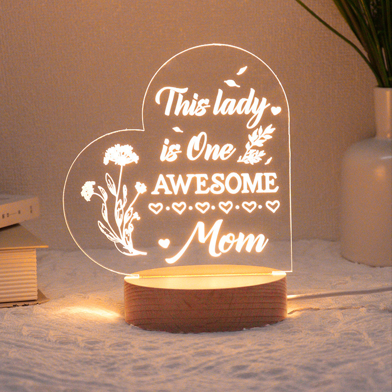 Solid Wood Beech Round Bottom 3D Nightlight Mother Father's Day Anniversary Souvenir Friendship Blessing
