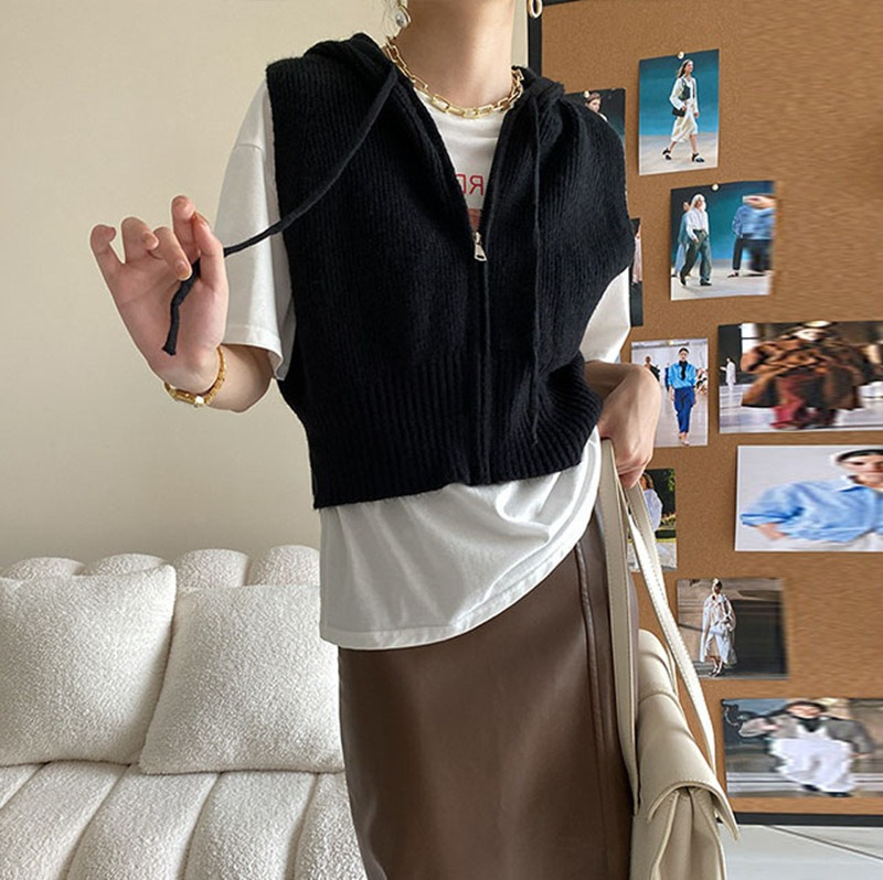 Retro chaleco encapuchado de hombro de punto Cardigan corto de mujer outer vestir otoño nuevo suéter suelto sin mangas abrigo