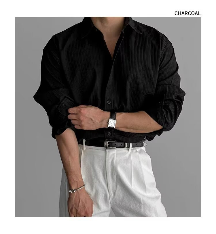 British Lapel Pit Strip Texture Long-sleeved Shirt Men's Casual Business Shirt Drape Light Ripe Style Versatile Top_viptrois.com