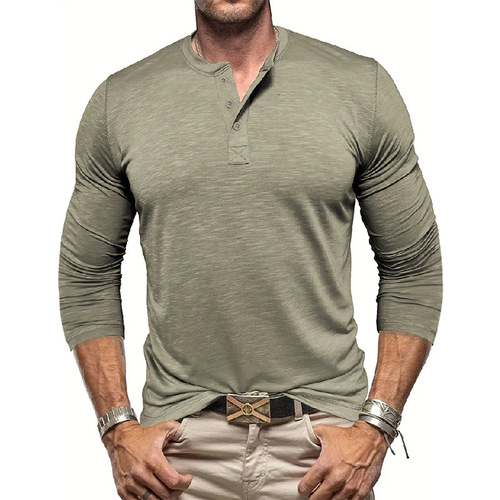 Spring and Autumn Men's T-Shirt Thin Style American Youth Fit Henley Shirt Long Sleeve T-Shirt for Men Bamboo Cotton High Elastic Quick-Drying Clothing