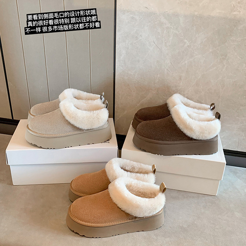 [Leather Version] Wool Small Warm Bag ~ Plus Velvet 5cm Thick Sole Baotou Fur Slippers Women's Half-Slip Snow Boots Winter