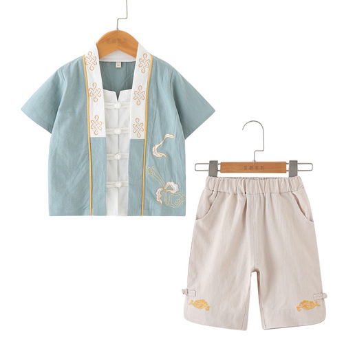 Children's Tang suit summer short-sleeved Tang suit for boys, cotton and linen Hanfu top, five-point pants, retro Confucianism kindergarten clothing