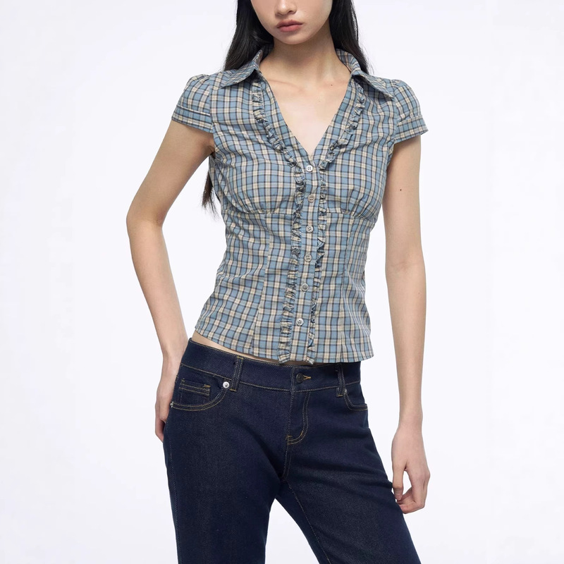 Blue Ruffled Striped V-Neck Shirt with a Tailored Waist and Short Sleeves for Summer