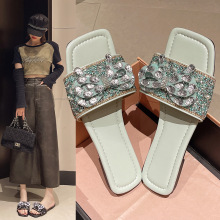 蝴蝶结水钻方头一字型夸张时尚款外传时尚拖鞋外贸批发平跟
