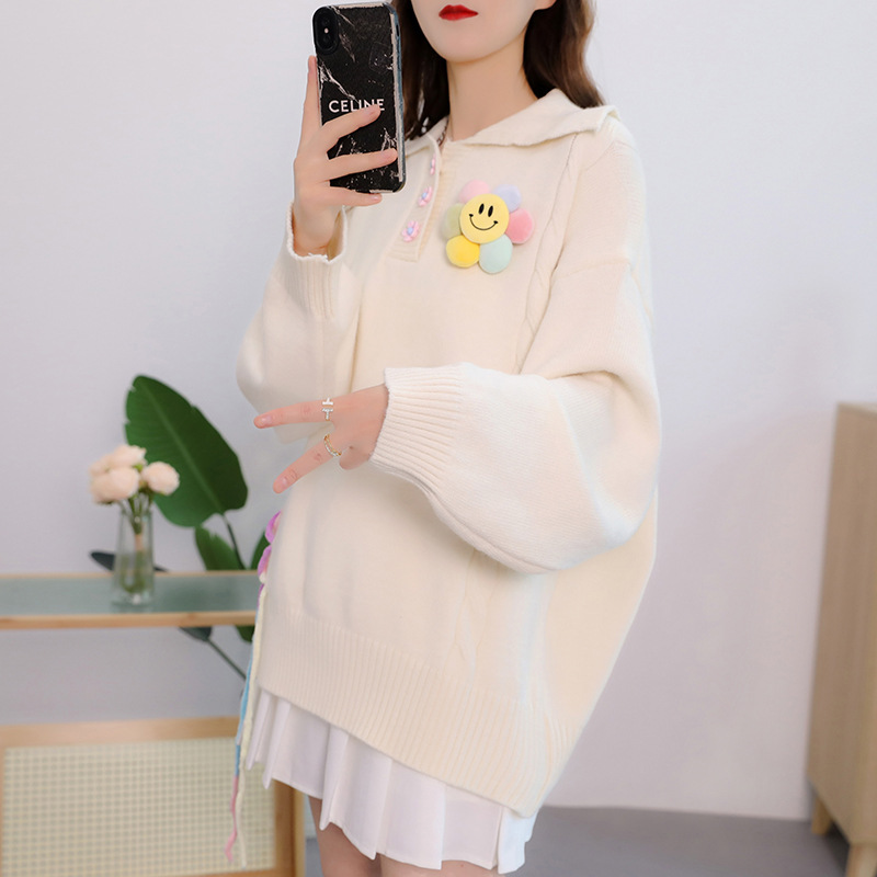 Loose casual design solid color mid-length navy collar sweater for women 2023 Winter New Age-reducing top